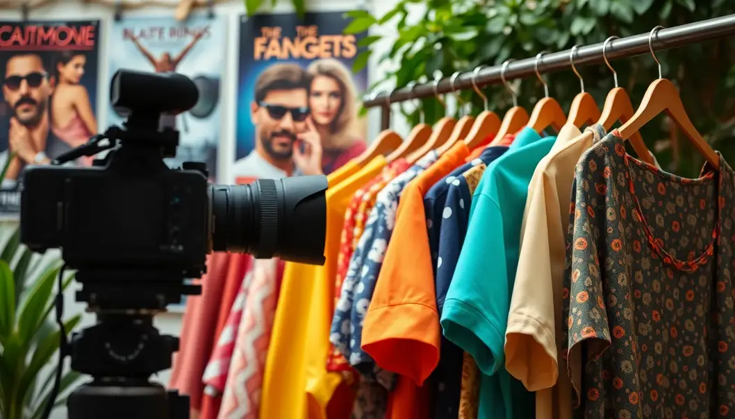 A camera and sustainable clothes against movie posters and greenery, symbolizing the intersection of cinema and fashion.
