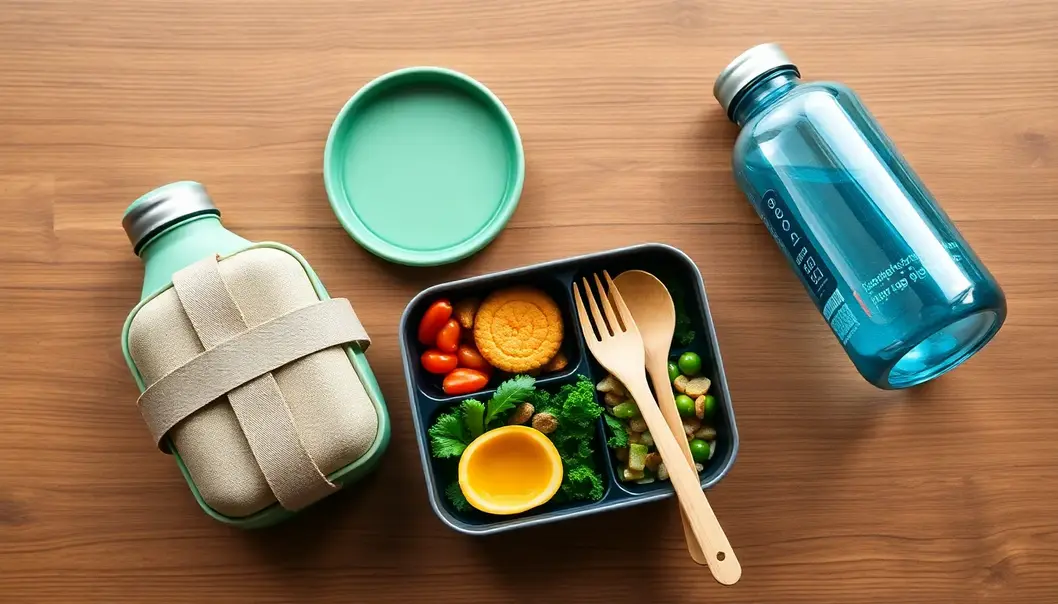 An eco-friendly workplace lunch setup with sustainable utensils and containers.