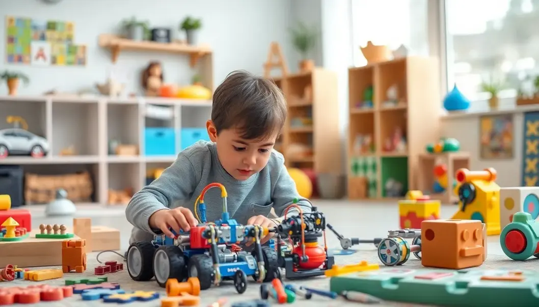Children immersed in imaginative play with toys, creating stories and roles.