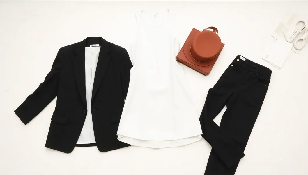 A display of minimalist clothing in a palette of neutral tones.