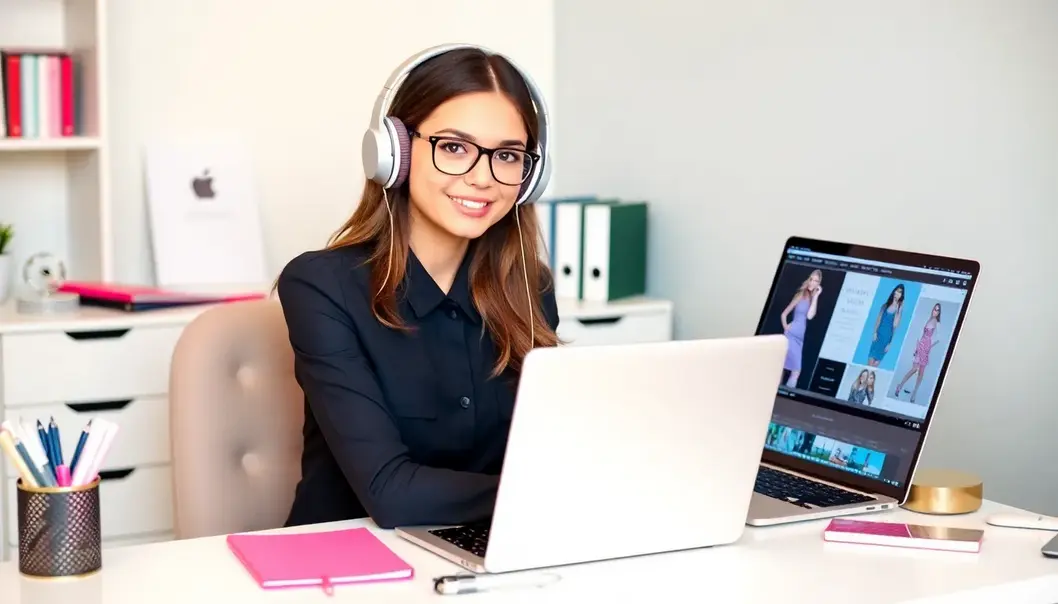 A young fashionista enhances her productivity with stylish podcast listening.