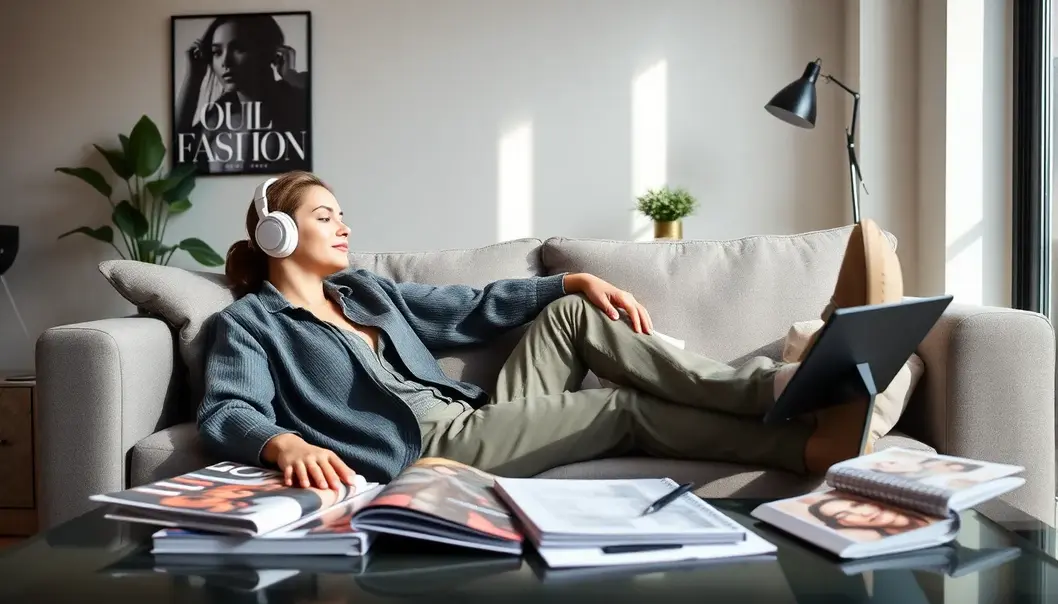 A chic living room with a fashion-forward individual listening to a podcast.