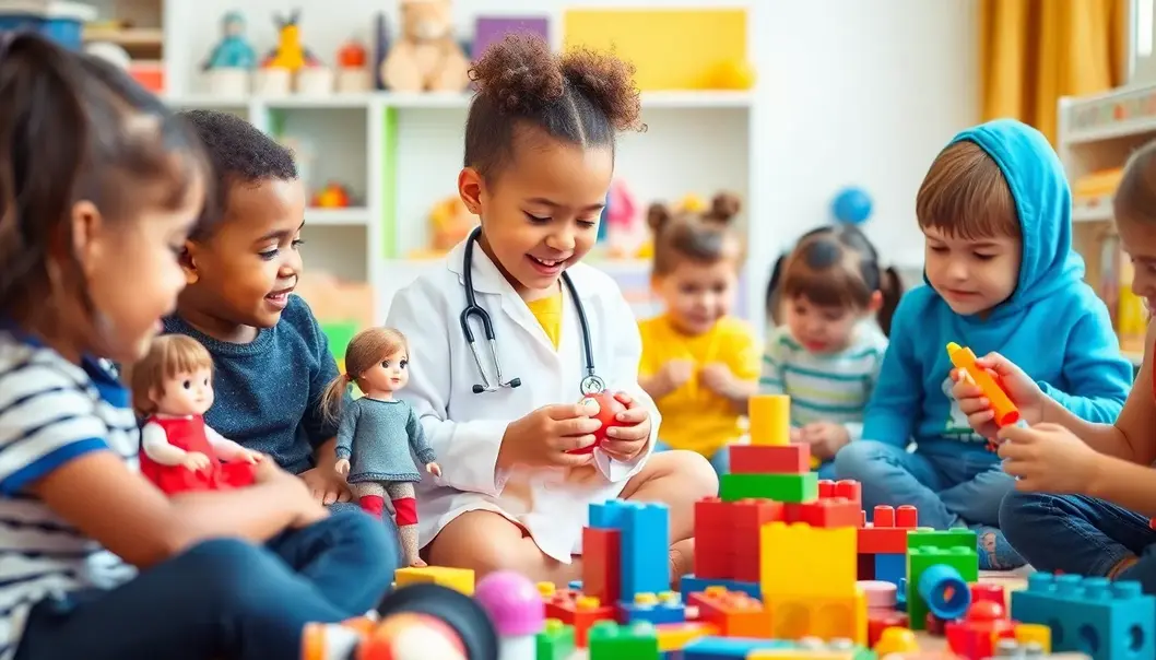 Children immersed in imaginative play with toys, creating stories and roles.