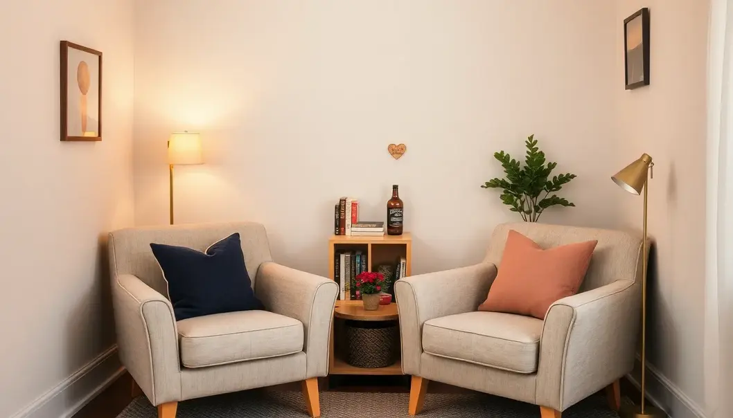 A cozy reading nook with armchairs, a bookshelf, and romantic lighting.
