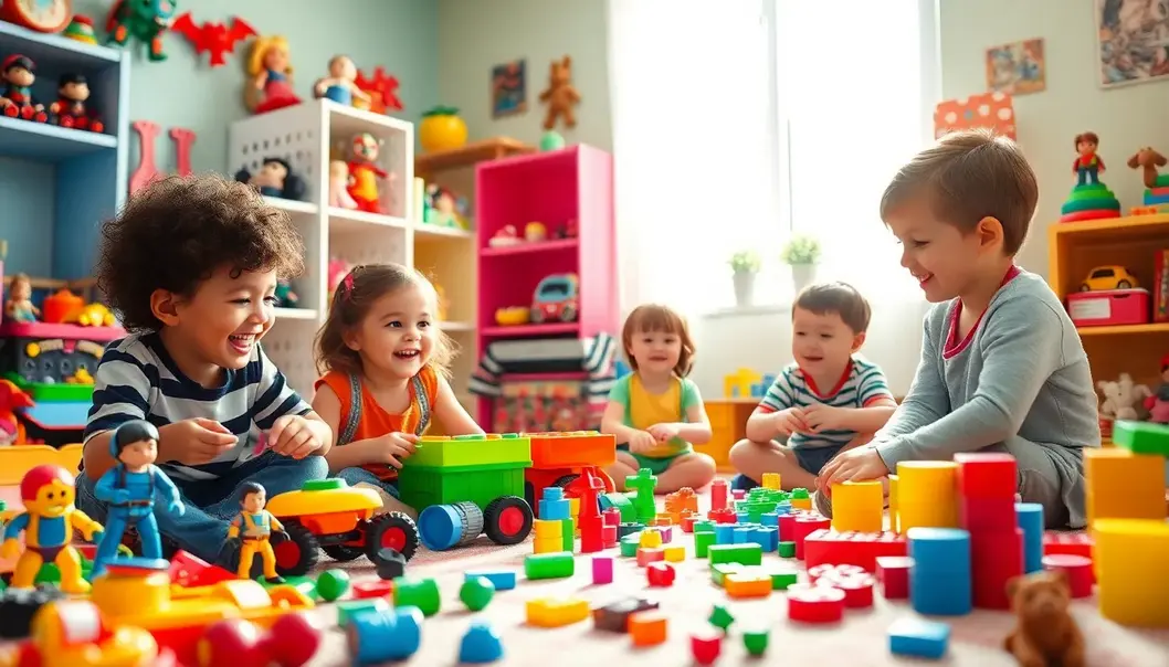 Children happily playing with diverse toys in a bright, sunlit room.