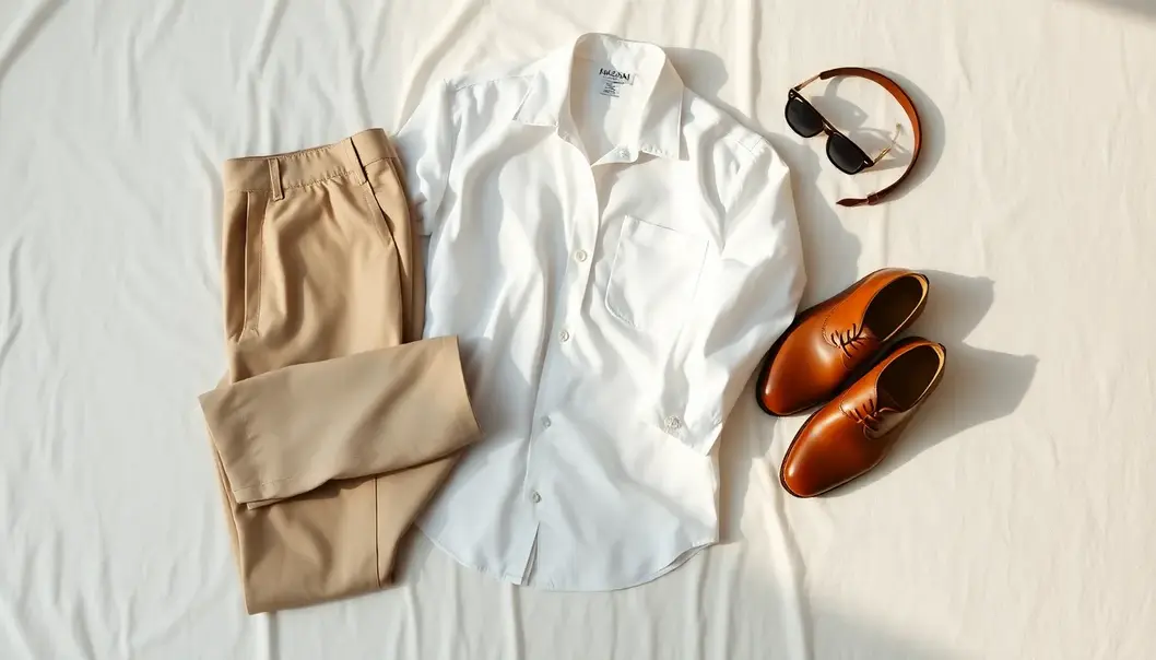 A well-laid-out minimalist ensemble with a white shirt, neutral trousers, and elegant accessories.