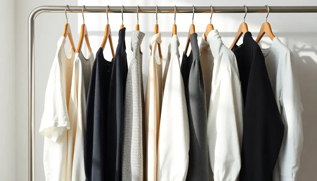 A display of minimalist clothing in a palette of neutral tones.