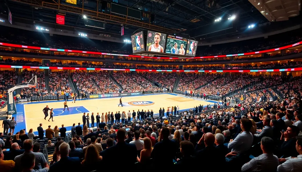 Panoramic view of an NBA game featuring luxurious decor and a fashionable crowd.