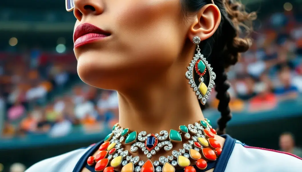 Close-up of a fan with a colorful statement necklace and earrings against a stadium backdrop.